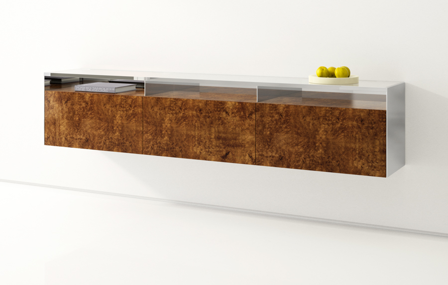 Museum™ Credenza Walnut Burl, Stainless Steel, Glass
